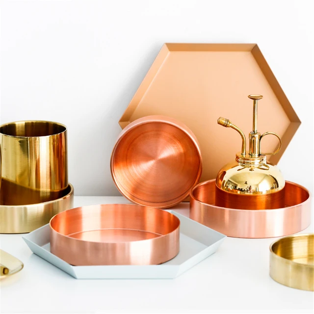 Nordic Copper Round Storage Tray Desk Metal Storage