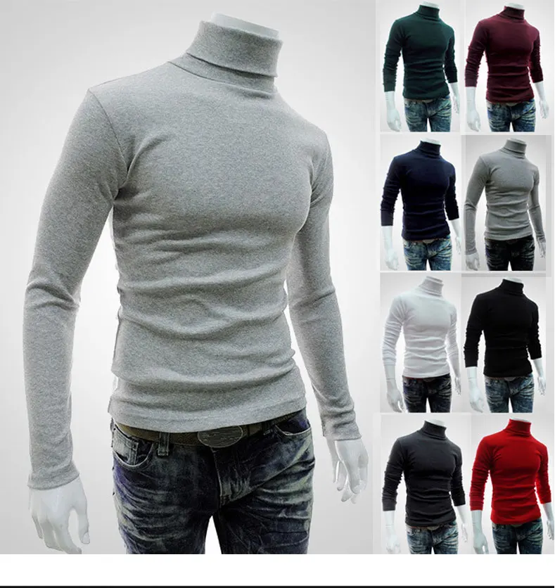 New Trend Mens High Neck Sweater Long Sleeve Knitted T Shirt Basic Plain T-shirts Autumn Winter Keep Warm Solid MQ50 - AliExpress