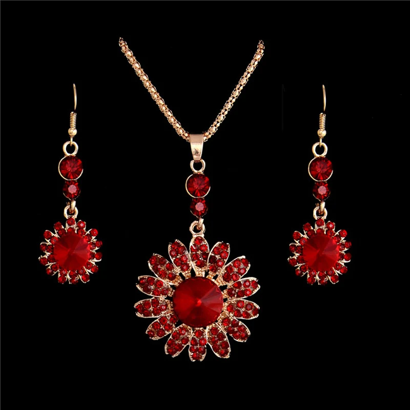H:HYDE Gold Color Red Sunflower Rhinestone Crystal