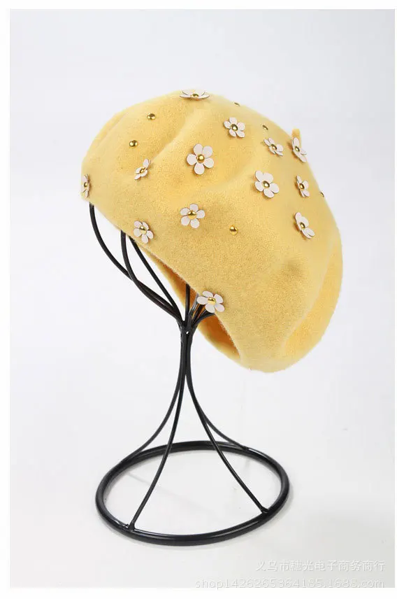 Шерстяные береты шапки осень/зима для женщин Маргаритка цветочный узор шляпа женские художники берет мягкая Boina Feminina Новинка - Цвет: yellow
