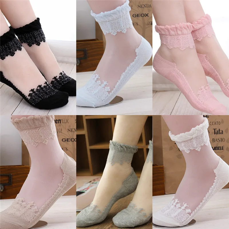 

KLEEDER Fashion Summer Thin Lace Cotton Soft Short Sock for Women Girls Antiskid Invisible Silk Ankle Socks Wholesale