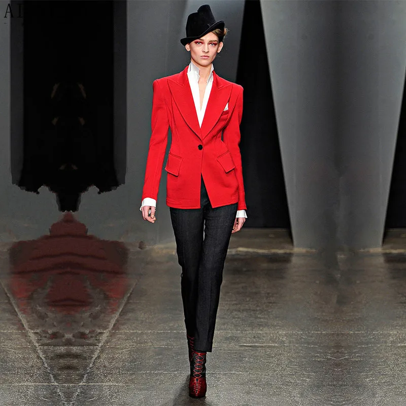 Для женщин Buisnes брючный костюм Красная куртка черные брюки модные дамы с длинным рукавом Брючный костюм женские офисные форма 2 шт. пиджаки