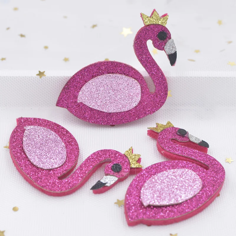 

4Pcs Glitter Fabric Applique Cartoon Flamingo Stick-on Crown Nonwoven Padded Patches for Craft Clothes DIY Hair Bow Ornament F97