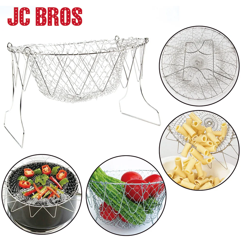 

1 Pc Foldable Stainless Steel Filter Steam Rinse Strainer Collapsible Colander Mesh Basket Kitchen Sieve Fry French Chef Basket