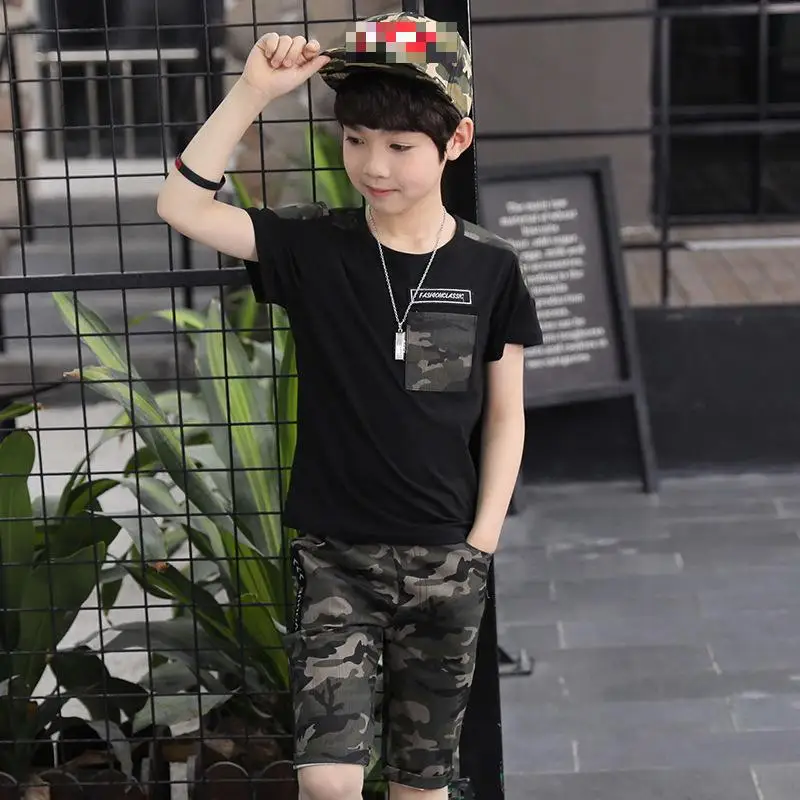 Комплект одежды для маленьких мальчиков летние дети Костюмы футболка с коротким рукавом+ шорты с принтом 2 шт. костюм От 5 до 13 лет
