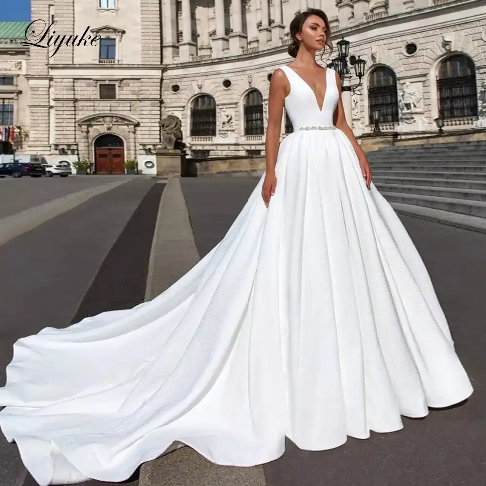 deep v neck a line wedding dress