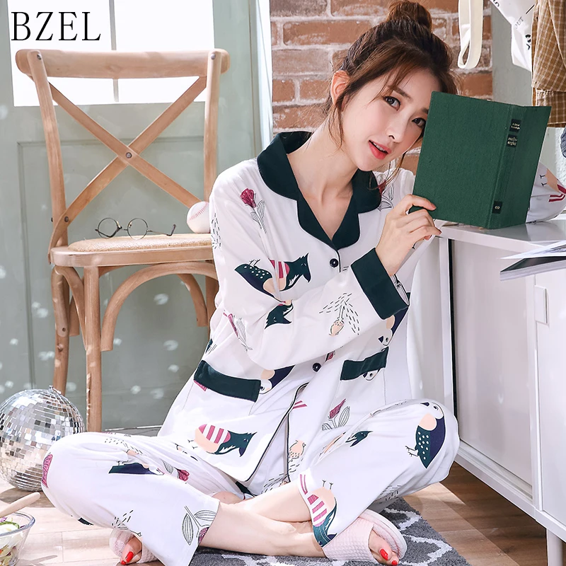 

BZEL Women's Sleepwear Cotton Pajama Set Turn-down Collar Pyjamas Long Sleeve Sleep Lounge Leisure Home Cloth Plus Size M-3XL