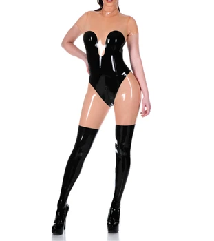 

New arrival Latex Rubber Short Sleeves Catsuit Patchwork Bodysuit Transparent With Black Back Zipped