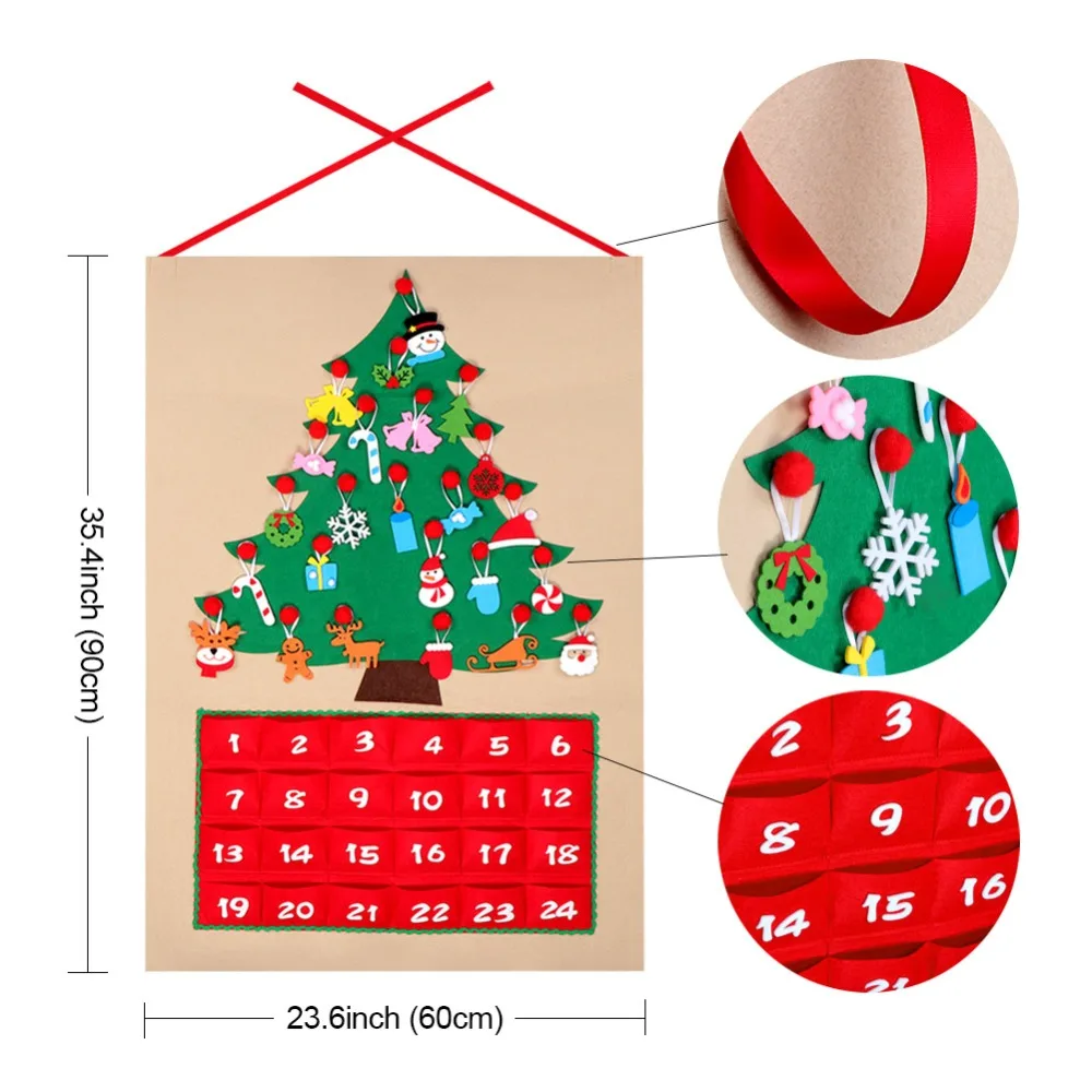 Теплая Рождественская елка, войлочный календарь с обратным отсчетом на Рождество, домашние вечерние украшения с адвентом, календарь 60x90 см