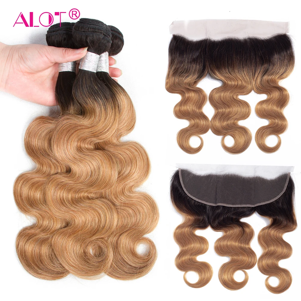 

ALot Brazilian 1B/27 Honey Ombre Body Wave Pre Colored Human Hair Bundles With Frontal Non Remy Dark Root Hair Weaving