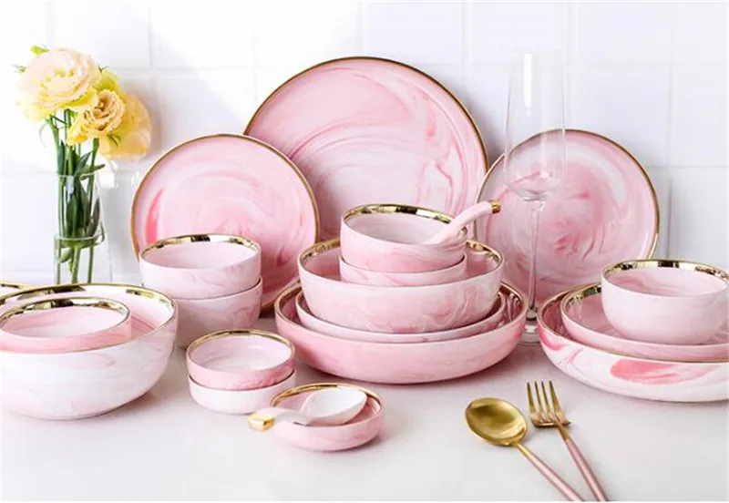 KINGLANG розовый Пномпень мраморный керамический набор столовых приборов простой бытовой набор посуды