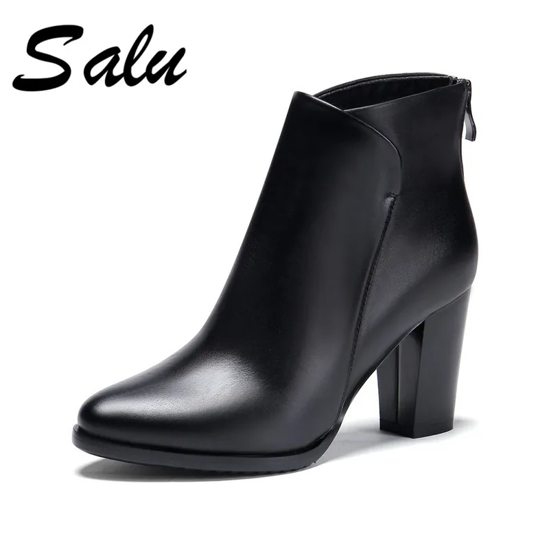Goedkoop Salu Sexy Vrouwen Laarzen Echt Leer Hoge Hakken Enkellaars Schoenen Vrouwen Herfst Dames Korte Laarzen NIEUWE Zip Big Size