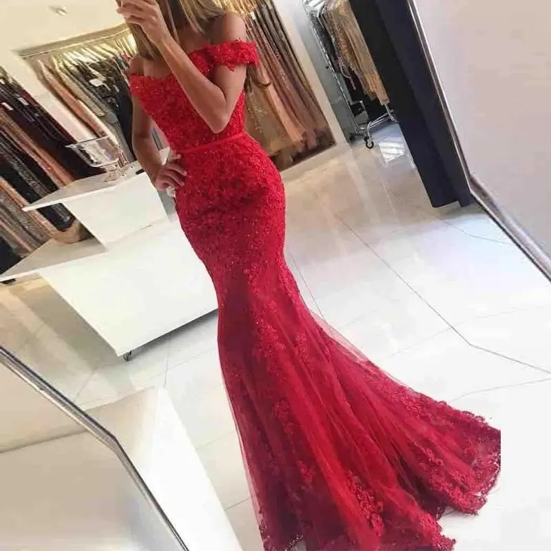 Burgundy Off the Shoulder Long Mermaid Evening Dress Lace Robe De Soiree longue Formal Dress vestido de festa