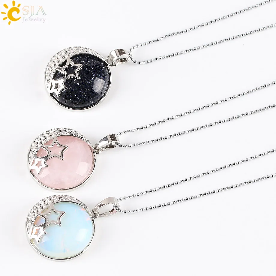 CSJA Reiki Chakra Yoga Semi Precious Natural Stone Pendant Rose Crystal Necklace Female Jewelry Love Moon Stars Back Hollow E175 - Image 2