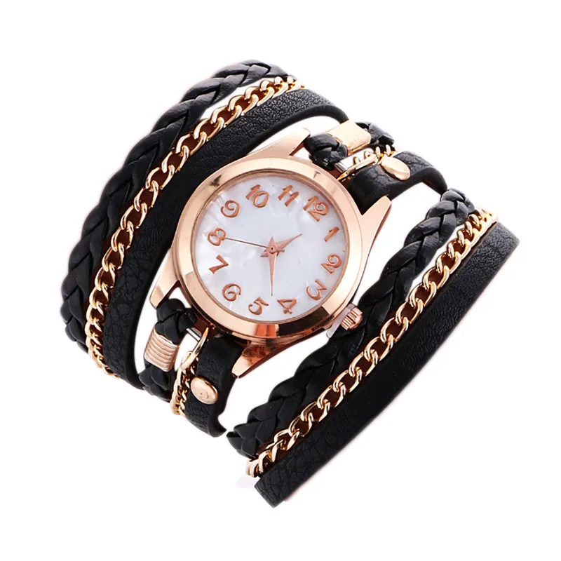 Горячая Распродажа модные женские часы плетеный кожаный браслет наручные часы в подарок Дамские Кварцевые электронный наручные часы женские часы# W - Color: Black