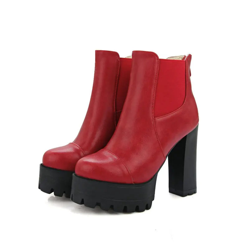 BZBFSKY Для женщин ботильоны на молнии, на платформе, с толстым высоким каблуком, женские сапоги; зимняя женская обувь; цвет красный, серый, черный; большие Size43 - Цвет: Красный