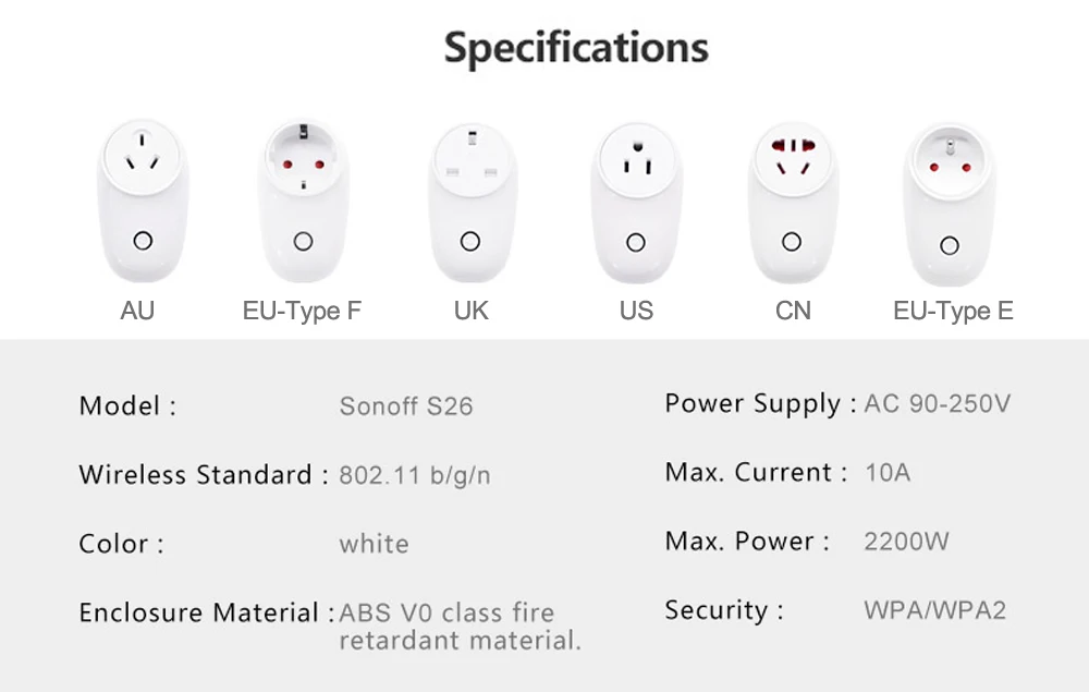 Интеллектуальный выключатель света Sonoff S26 WiFi умная розетка США/Великобритании/ЕС/США/AU/CN Беспроводной Wi-Fi устройство Мощность розетка Smart Home выключатель работать с Alexa Google Home