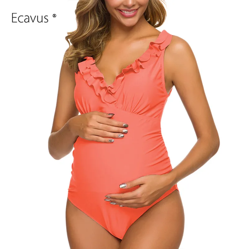 

Ecavus Pregnant Clothes Tankini Ruffles Tank Swimsuits Maternity Swimwear Off Shoulder One Piece V Neck Pregnancy Swimsuits