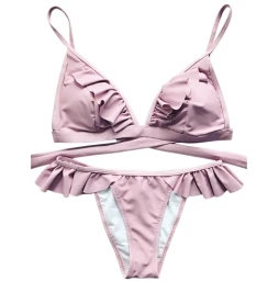 2017 Sexy Pink Bikini Set Padded Cami Frilly High Cut Biquinis Cute Girl Swimsuit Swimwear Beach Frill Bathing Suits Blue |