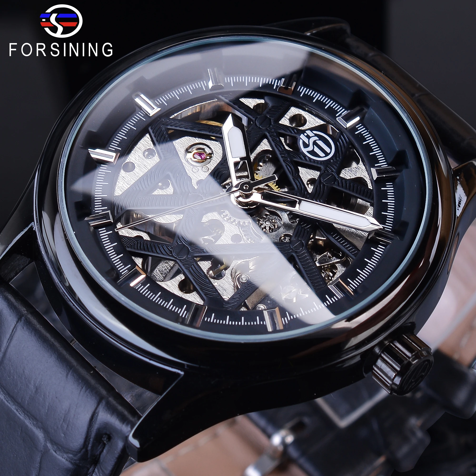 Forsining New Full Black Classic Open Work Clock Male Mechanical