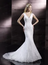 Free Shipping Romantic Mermaid V-Neck Sweep Train Keyhole Back Wedding Dress Turkey Istanbul With Appliques WX11610