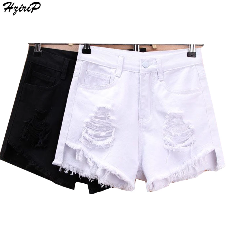 HziriP Denim Shorts Solid Hole Ribbons Washed Pockets High Waist Women Loose Summer Hot Black White | Женская одежда