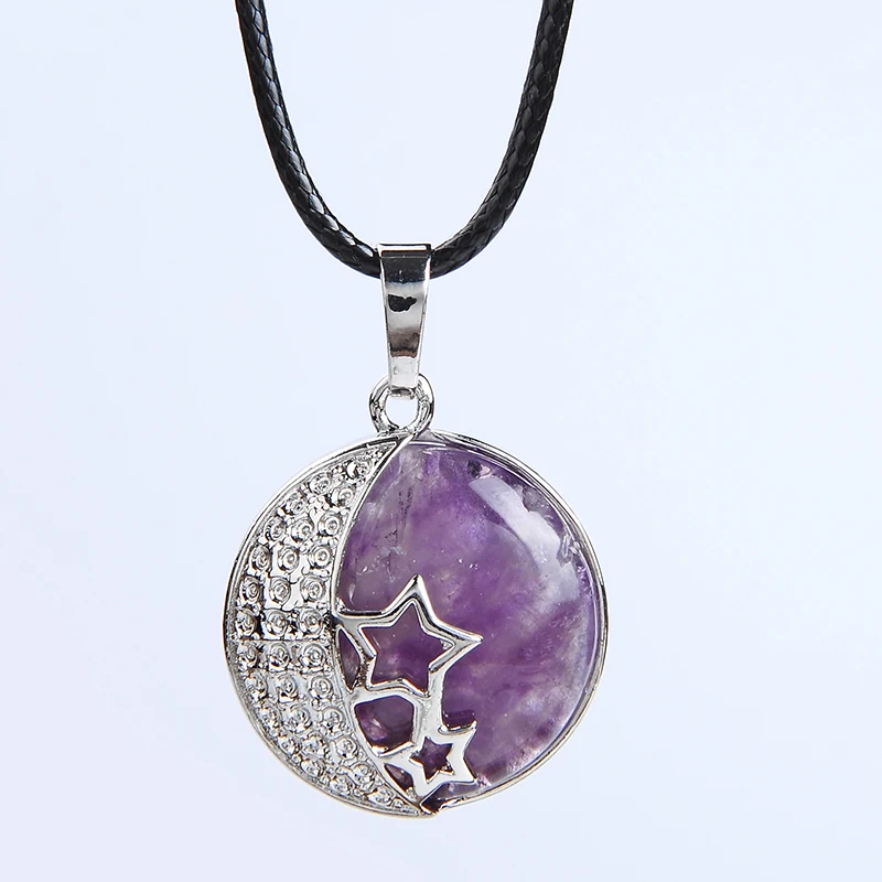 New Fashion Round Natural Stone Purple Rose Crystal Pendant Necklace Women Female Jewelry Hollow Moon Star Metal Necklaces Gift photo