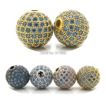 

8mm 10mm 12mm Gold Silver Color Micro Pave Sea Blue CZ Spacer Round Beads For Bracelet DIY Jewelry Making Spacer Metal Bead