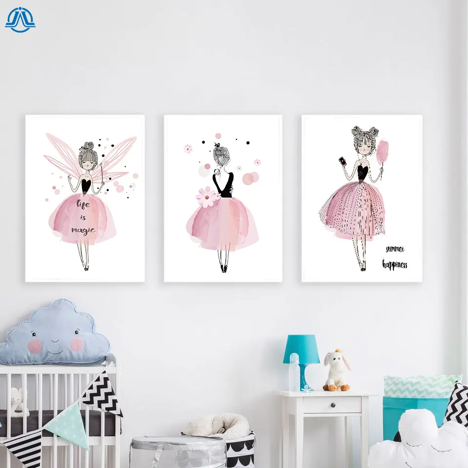 

Watercolor Pink Princess Canvas Paintings Flowers Wall Art Poster and Print Nordic Pictures for Girls Kids Room Home Decoration