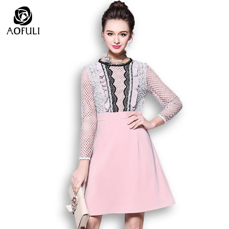 

AOFULI L- XXXL 4XL 5XL Brand Elegant Women Lace Up Dress Hollow Out Lace Patchwork Dress For Big Size Ladies Clothing 9055
