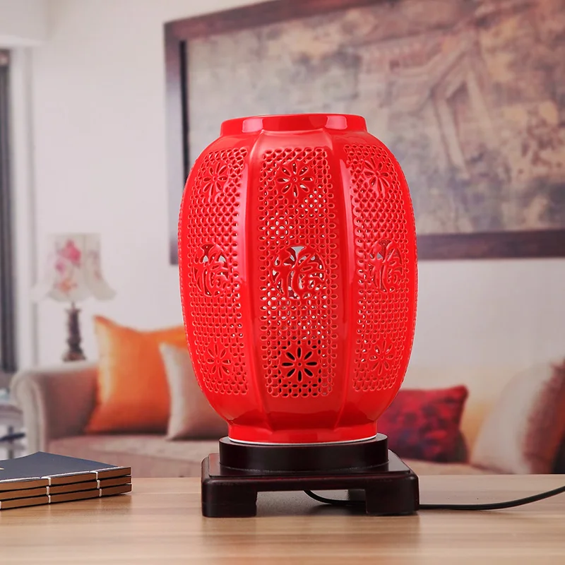 Bedroom vintage table lamp china living room Table Lamp for wedding decoration red ceramic table lamp (1)
