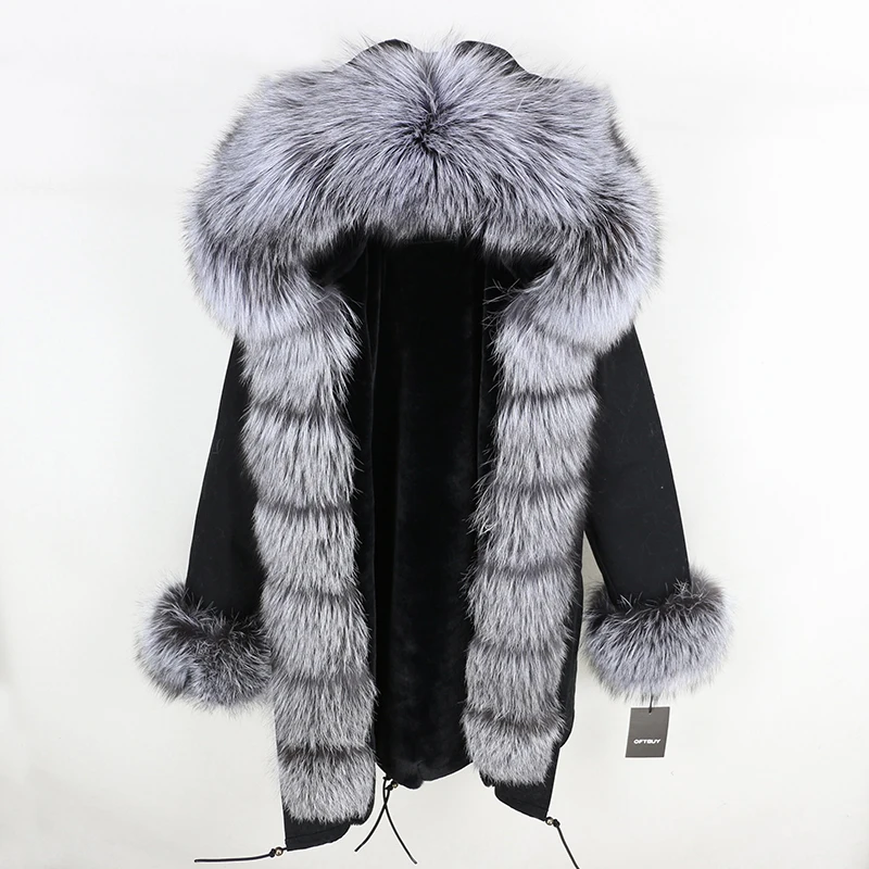 OFTBUY новая зимняя куртка для женщин, пальто из натурального меха, Воротник из натурального Лисьего меха, длинная парка, Большая Меховая верхняя одежда, съемная уличная одежда - Цвет: black black silver