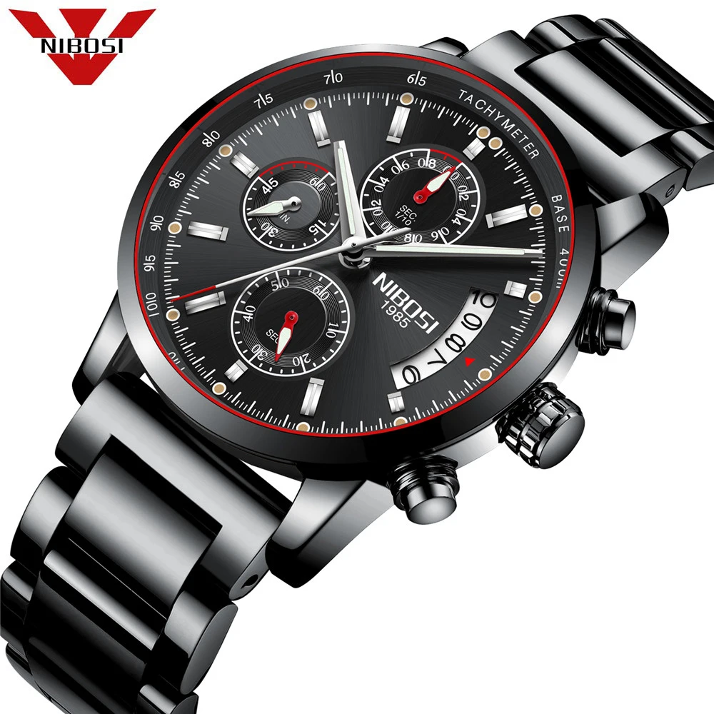 

relogio masculino NIBOSI Mens Watches Top Brand Luxury Fashion Business Quartz Watch Men Sport Full Steel Waterproof Black Clock