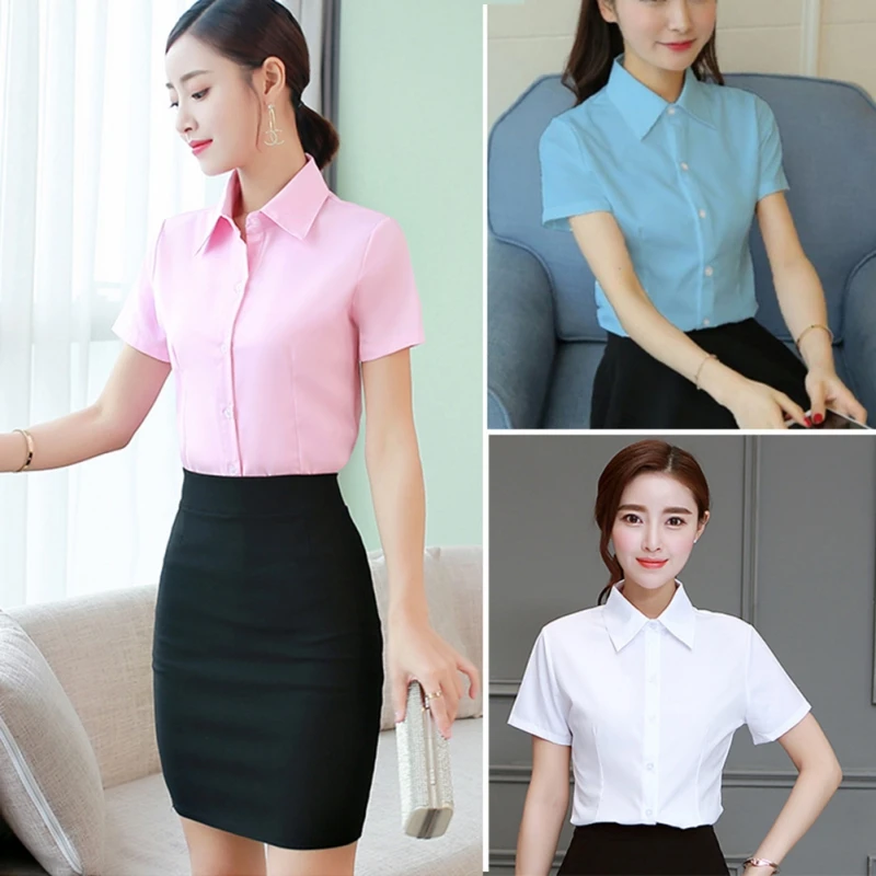 2019 Women Summer Plus Size Solid White Office Wear Loose Shirts Female Slim Fit Lapel Blouses Casual Short-sleeved Tops Shirts