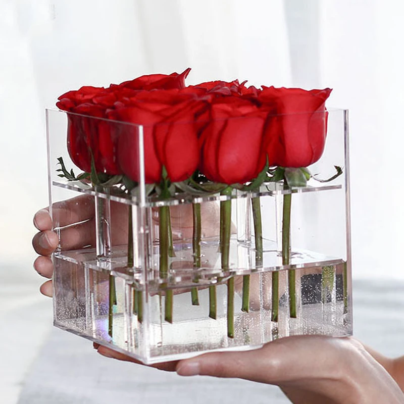 New-Fashion-Clear-Acrylic-Rose-Flower-Box-Makeup-Organizer-Cosmetic-Tools-Holder-Flower-Gift-Box-For