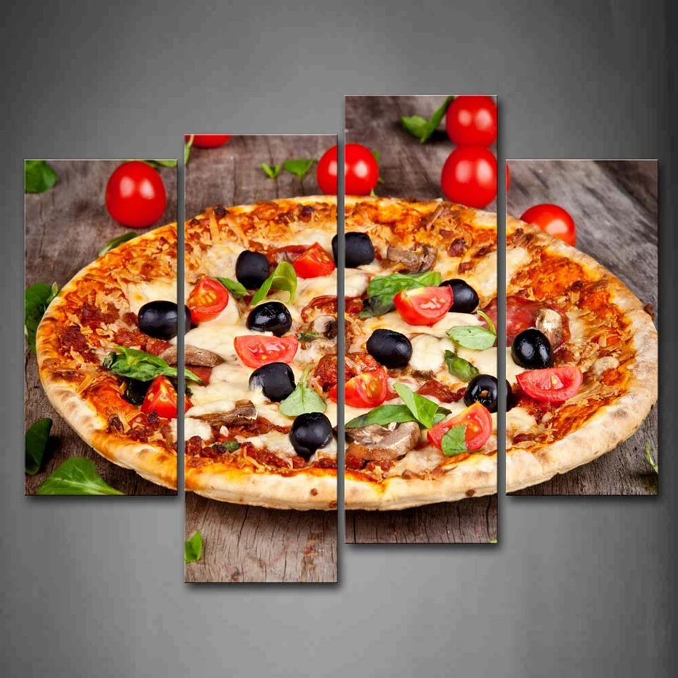 

Modular Framed 4 Panel Pizza With Tomatoes And Leaves Wall Art Painting Printed On Canvas Food Pictures For Home Decoration Gift