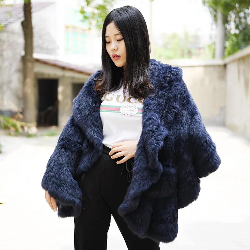 

CX-B-83E Women Real Fur Natural Knitted Rabbit Fur Poncho Genuine Luxury Fur Shawl 170cm Length Scarf