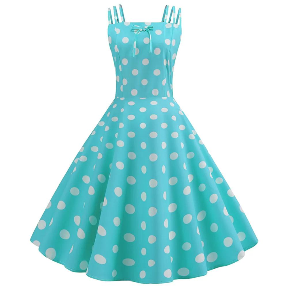 

2019 Summer Women Dress Blue Retro Robe Vintage Dresses 50s 60s Rockabilly Pin Up Polka Dot Swing Dress Vestidos