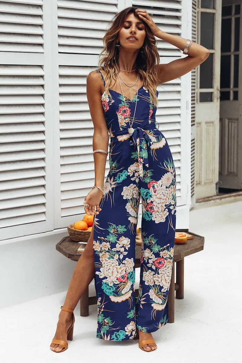 Women's New Sexy V-neck Print Strapless Long Paragraph Split Women's Jumpsuit Cool Summer Women's Clothing 0509