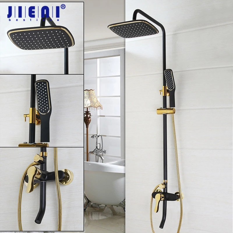 

JIENI Black Gold-plated Wall Mounted Bath Shower Set Faucet Rotation Tub Spout Handheld Shower Spray Rainfall Head Single Handle