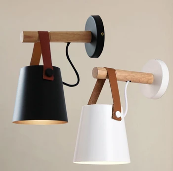 

LED Wall Lamps modern indoor hotel decoration light living room bedroom Light E27 Nordic Wooden belt Wall Light White/Black