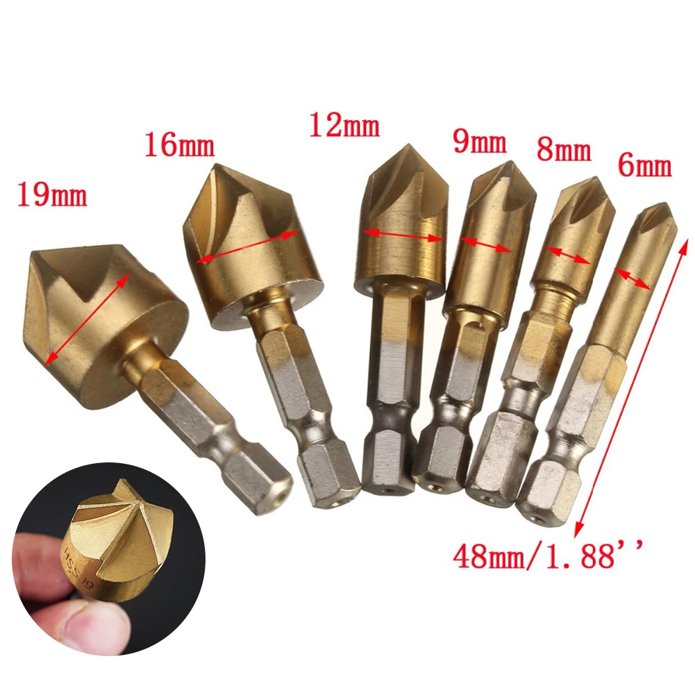 6 шт./партия шестигранный хвостовик с титановым покрытием пять флейт Зенковка сверло деревообрабатывающий сердечник Dril бит аксессуары для электроинструмента