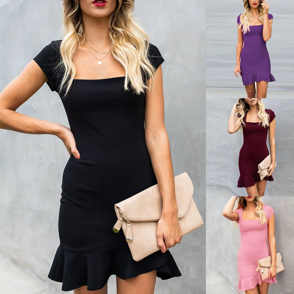 

Vestidos 2019 Women's Dresses Summer Dress Womens Casual Short Sleeve Ruffle Hem Solid Bodycon Evening Party Dress