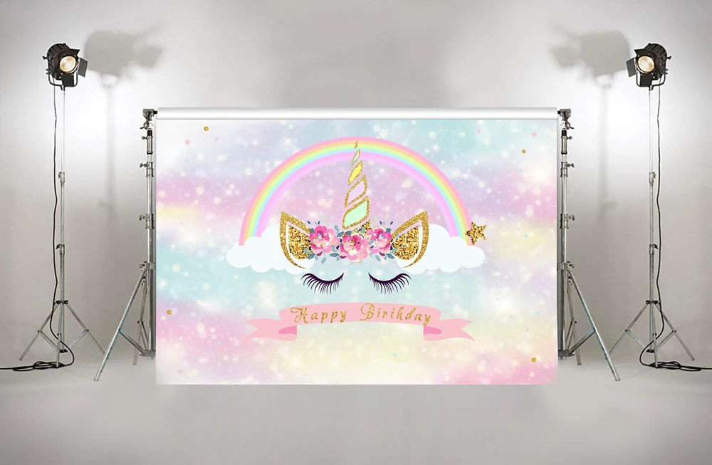 Unicorn Backdrop for Birthday Party Pink Magic Sky Floral Rainbow Newborn Baby Shower Photography Background Photo Booth W-812
