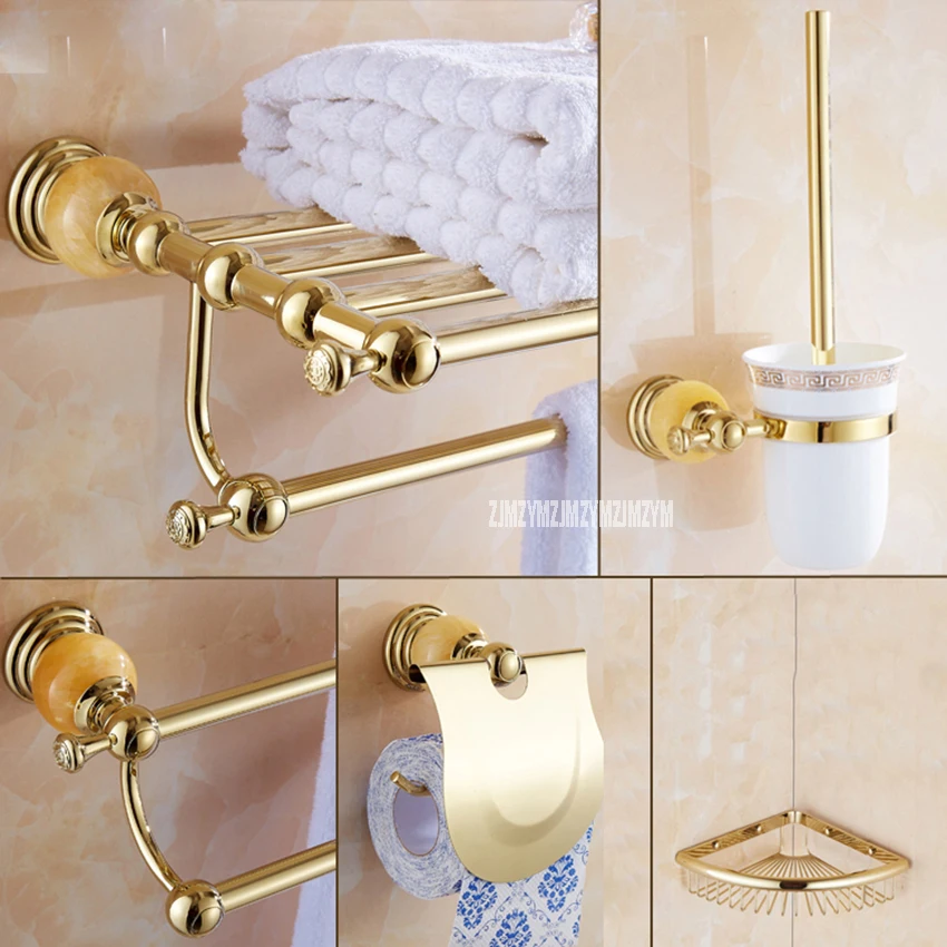 

5 in 1 Gold Polish Stainless Steel Wall Mounted Bath Bathroom Sets Towel Rack Storage Cloth Shelf Towe Bar Toilet Brush Holder