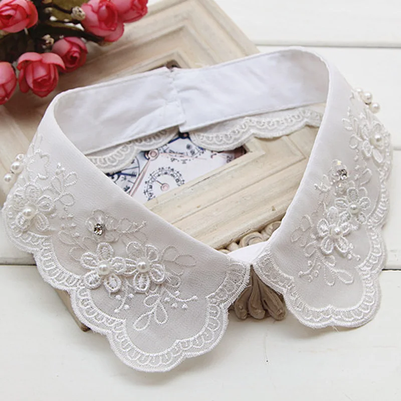 

Fashion Women lotus leaf ear mesh bottoming doll blouse shirt white removable decorative Pointed collar rhinestone fake collar