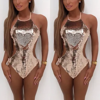 

Plus Size XXL Sexy Gold Green Sequins One Piece Swimsuit Women Backless Push-up Padded Bra Swimwear Monokini Bikini Bathing Suit