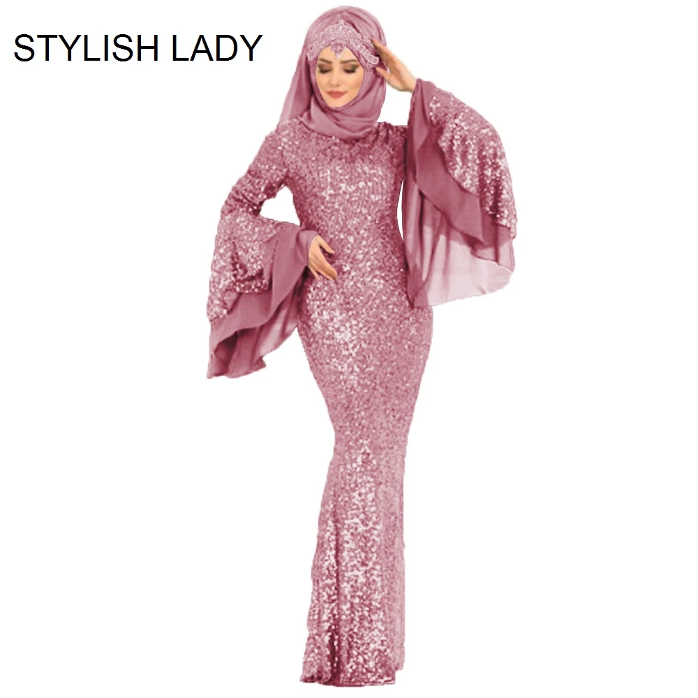 

STYLISH LADY Flare Sleeve Sequin Long Muslim Dress 2019 Summer Bodycon Club Party Maxi Dubai Moslim Jurken Robe Musulmane