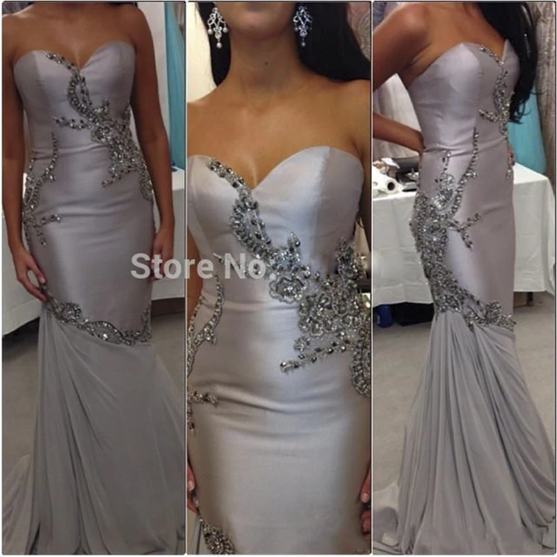 

fashion silver mermaid long evening dress 2017 sweetheart beaded satin women pageant gown for formal prom party vestido