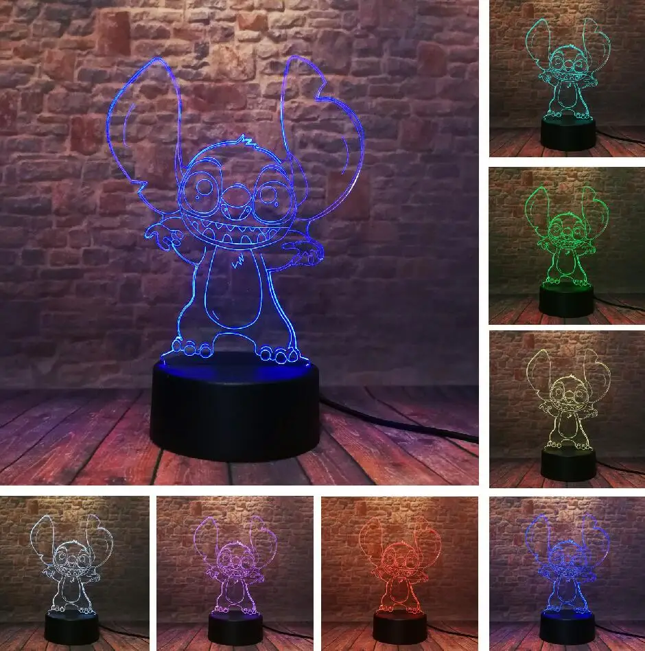 Amroe Горячая 3D с изображением мультипликационного персонажа Kawaii персонажей Ститч Минни Микки робот принцессы queen «Принцесса Эльза» для девочек, 7 цветов RGB светодиодный ночной Светильник подарки для детей - Испускаемый цвет: Stitch